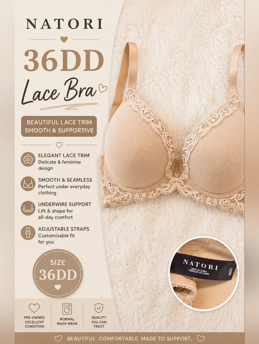 Natori Bra 36DD Lace Trim Underwire Nude Beige Mesh Lace Everyday Comfort